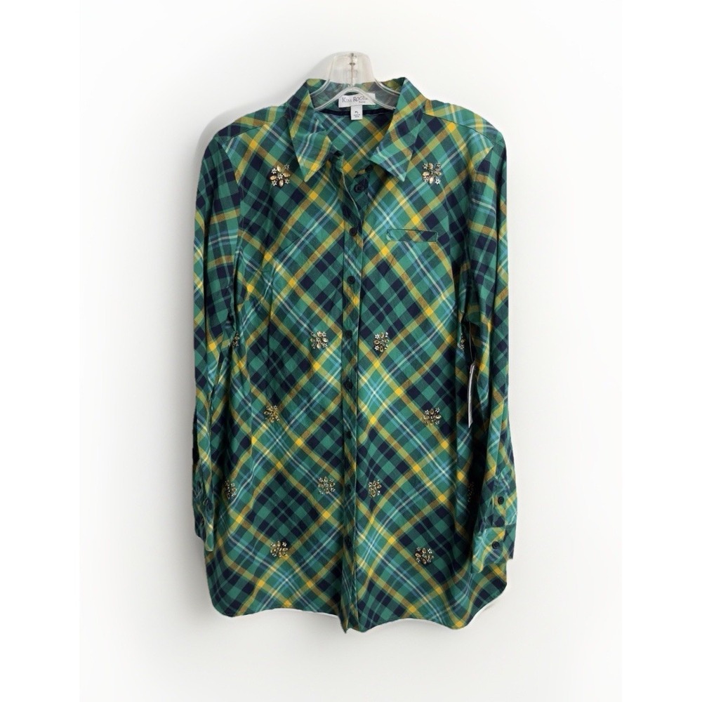 Kim Rogers Petite PL Green Plaid Rhinestone Embellished Button Down Shirt NWT